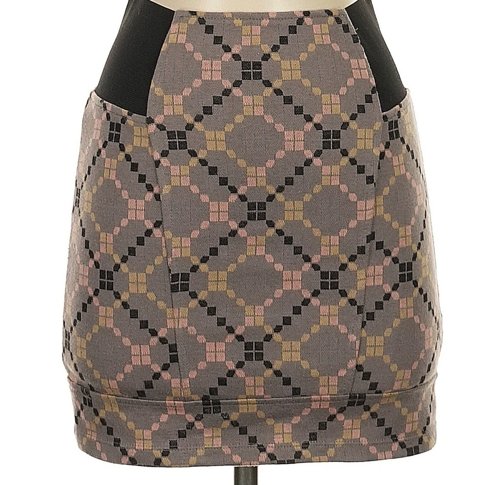 Free People Geometric Jacquard Pencil Skirt in Gray with Pink & Gold Accents